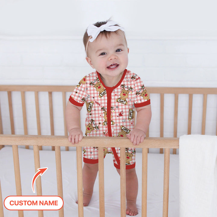 Custom Name Reindeer Gingham Shorty Zippy