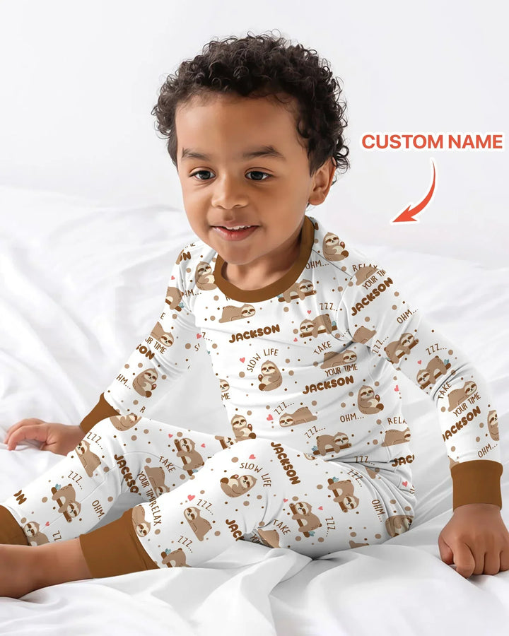 Custom Name Cute Sloth Two Piece Long Sleeve Pajama Set