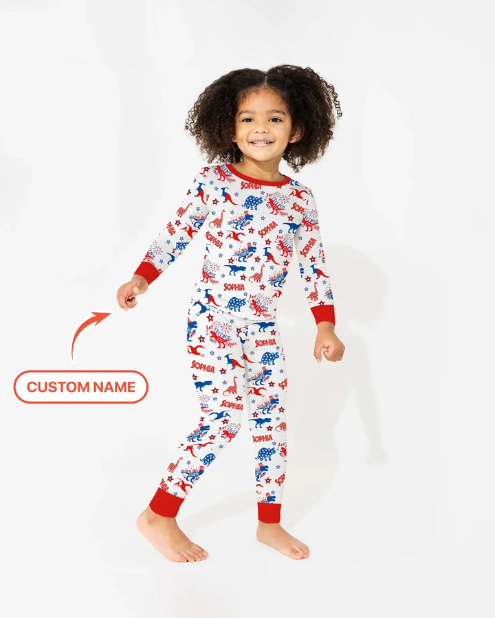 Custom Name Patriotic Dinosaur Bamboo Two Piece Long Sleeve Pajama Set