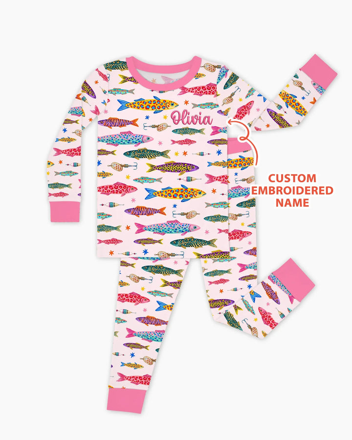 Pijama de dos piezas de bambú de manga larga con bordado de nombre personalizado de peces de colores