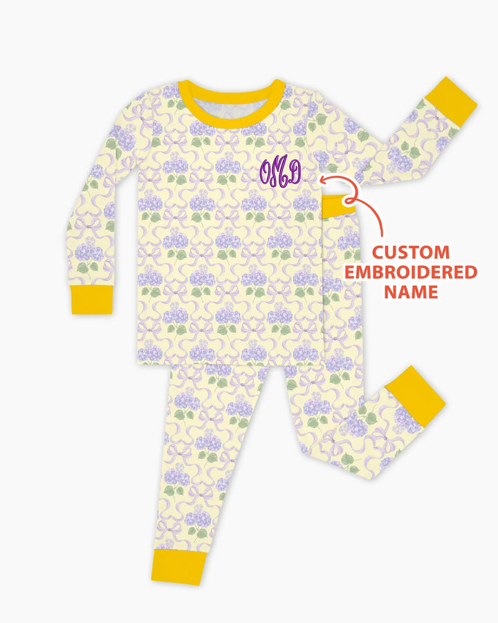 Custom Name Embroidered Hydrangea Welcome Home Bamboo Two Piece Long Sleeve Pajama Set
