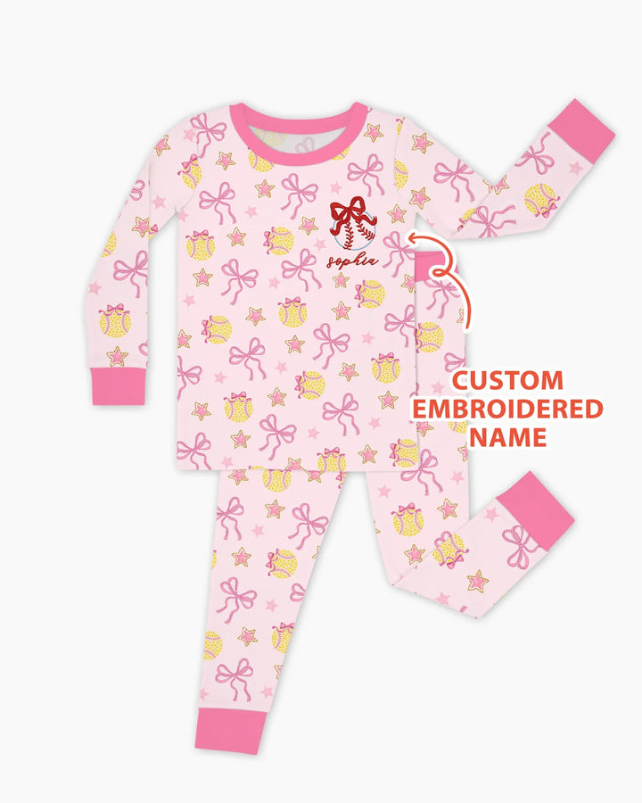 Custom Embroidered Softball Bow Baby Bamboo Two Piece Long Sleeve Pajama Set