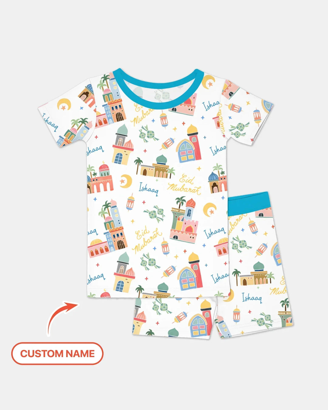 Eid Mubarak Custom Name Two Piece Short Sleeve Shorts Pajama Set