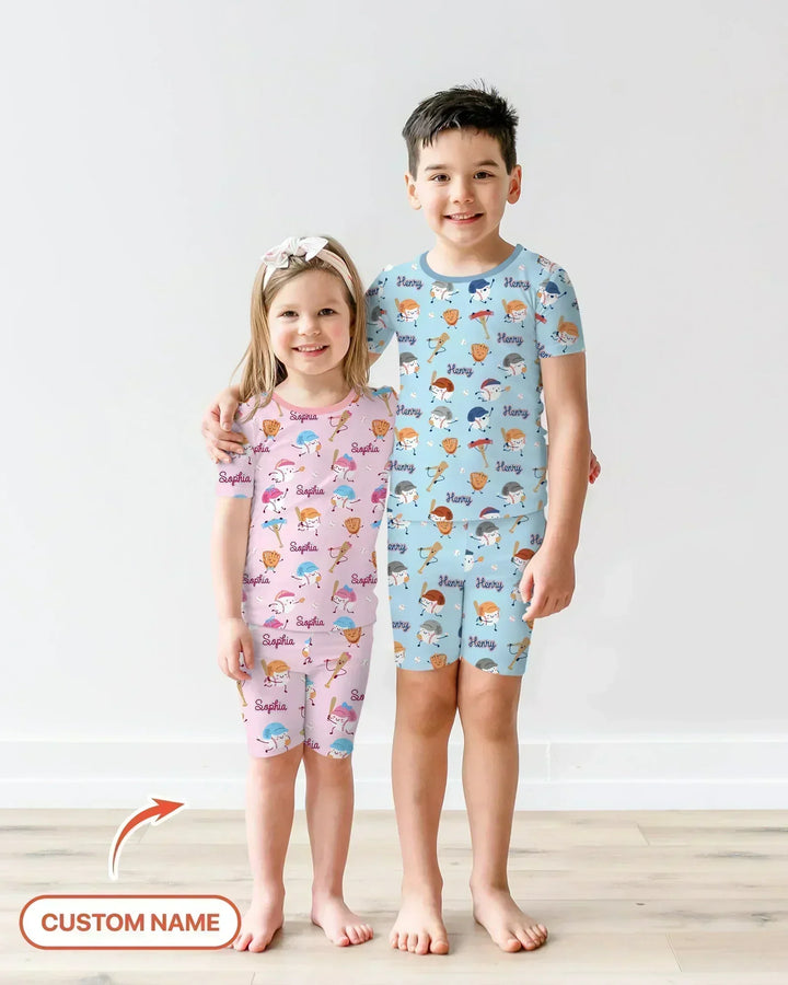 Custom Name Ballparl Family Matching Bamboo Two Piece Short Sleeve Shorts Pajama Set