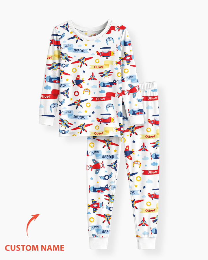 Our Little Aviator Custom Name Bamboo Two Piece Long Sleeve Pajama Set