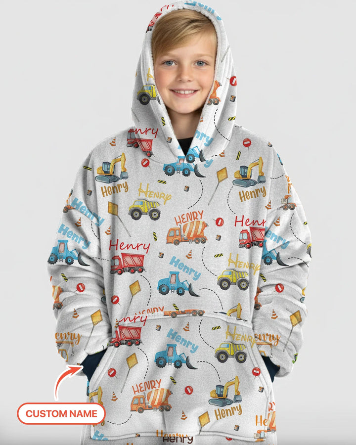 Construction Vehicles Custom Name Blanket Hoodie