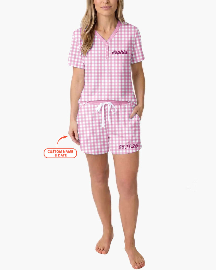 Embroidered Seersucker Bamboo Women Short Sleeve Short Pajama Set