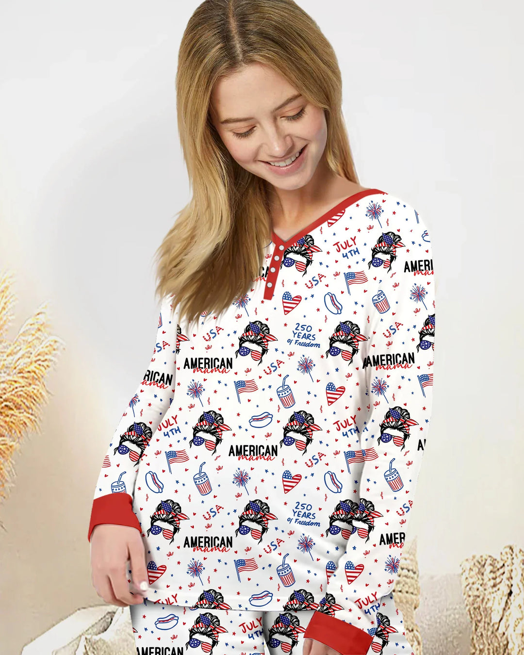 Doodle American Flag Glasses Family Matching Bamboo Women Pajama Set