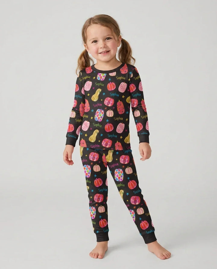 Custom Name Colorful Pumpkin Bamboo Two Piece Long Sleeve Pajama Set