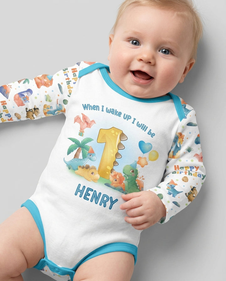 Custom Name When I Wake Up Birthday Dino Bamboo Bodysuit