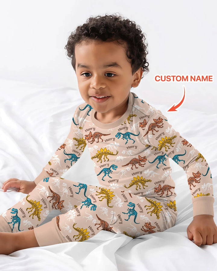 Dino Bones Parade Custom Name Two Piece Long Sleeve Pajama Set