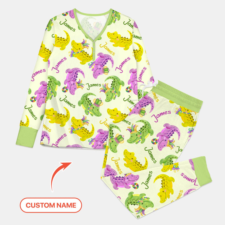 Custom Name Mardi Gras Alligator Women Pajama Set