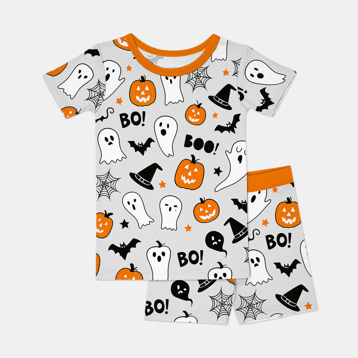 Halloween Boo & Pumpkin Glow In The Dark Two Piece Short Sleeve Shorts Pajama Set