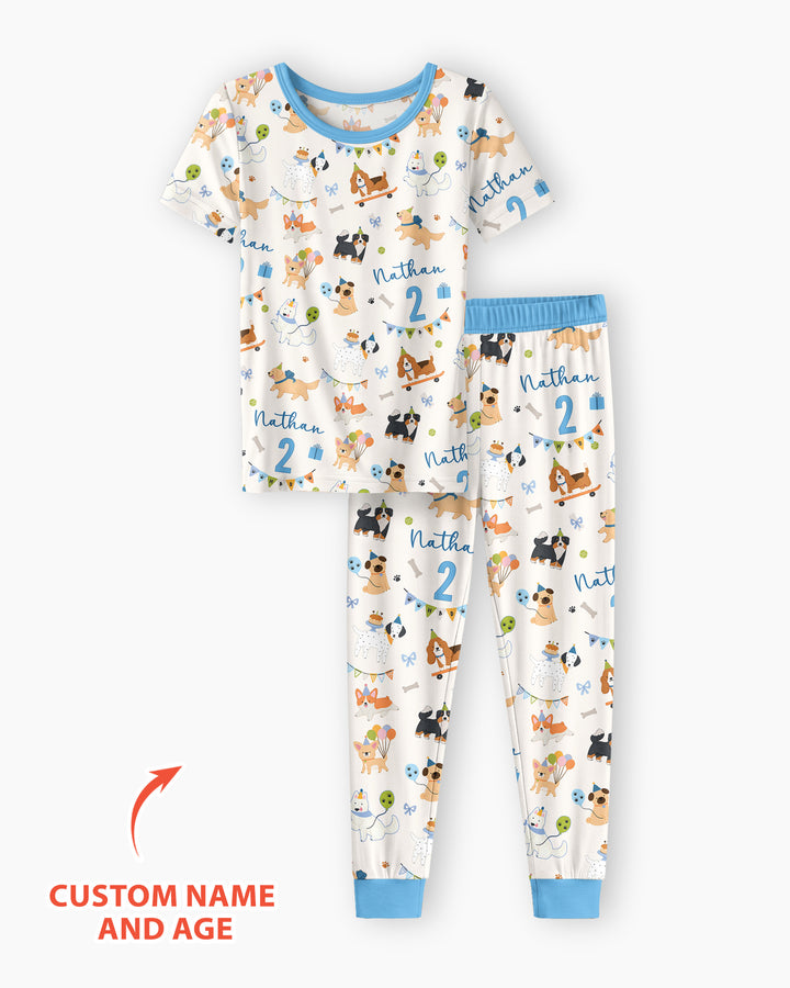 Custom Name Birthday Dogs Party Bamboo Two Piece Short Sleeve Pajama Set