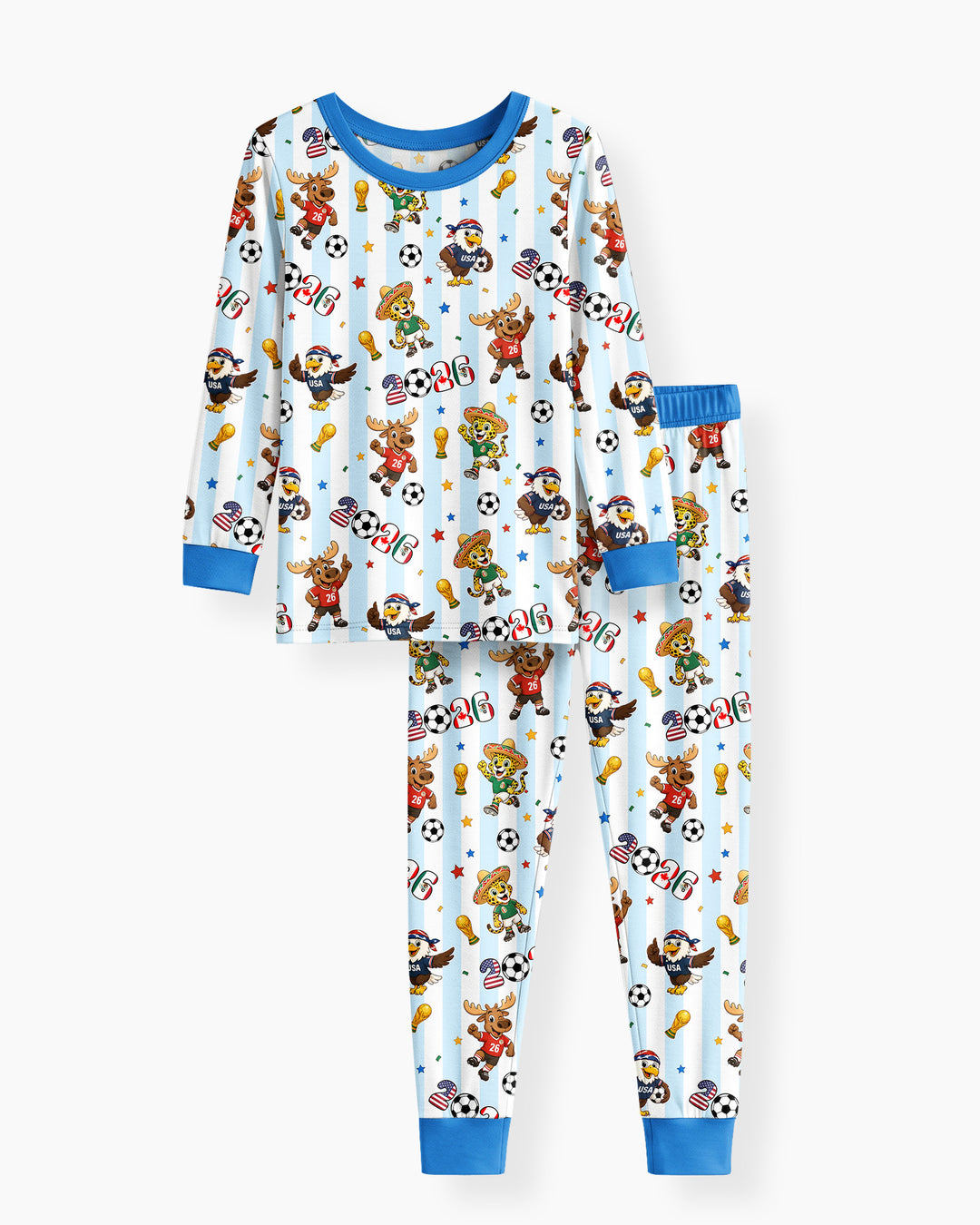 Striped Cute Mascots Soccer Cup 2026 Bamboo Two Piece Long Sleeve Pajama Set