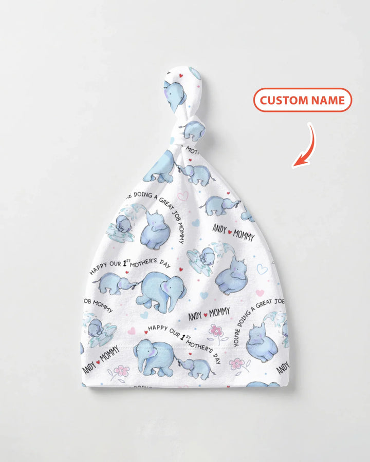 Custom Name Mother & Baby Elephant Knotted Hat