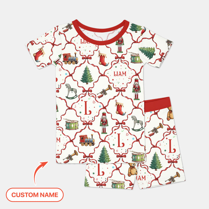 Vintage Christmas Toy Custom Name Boy Two Piece Short Sleeve Shorts Pajama Set , Vintage Christmas Toy Custom Name Boy Two Piece Short Sleeve Shorts Pajama Set - 12-18M