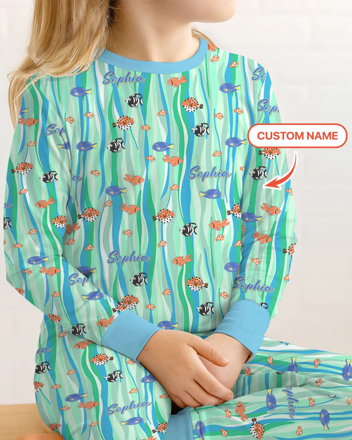 Custom Name Summer Beach Bamboo Two Piece Long Sleeve Pajama Set