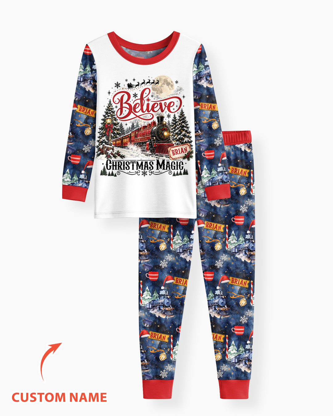Believe North Pole Train Custom Name  Bamboo Two Piece Long Sleeve Pajama Set