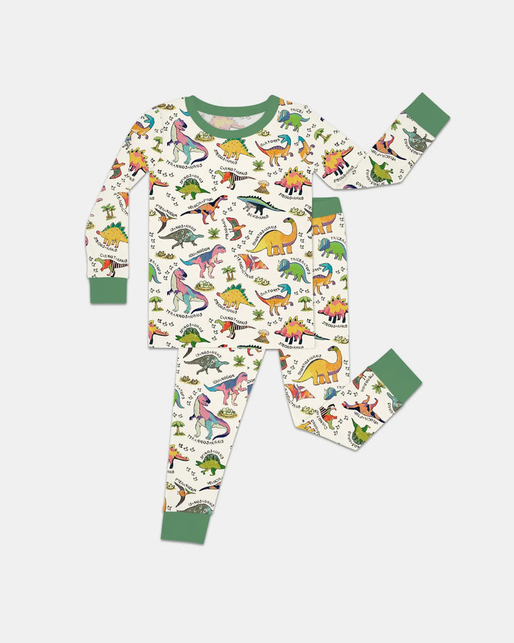 Conjunto de pijama de bambú de dos piezas de manga larga con estampados de dinosaurios