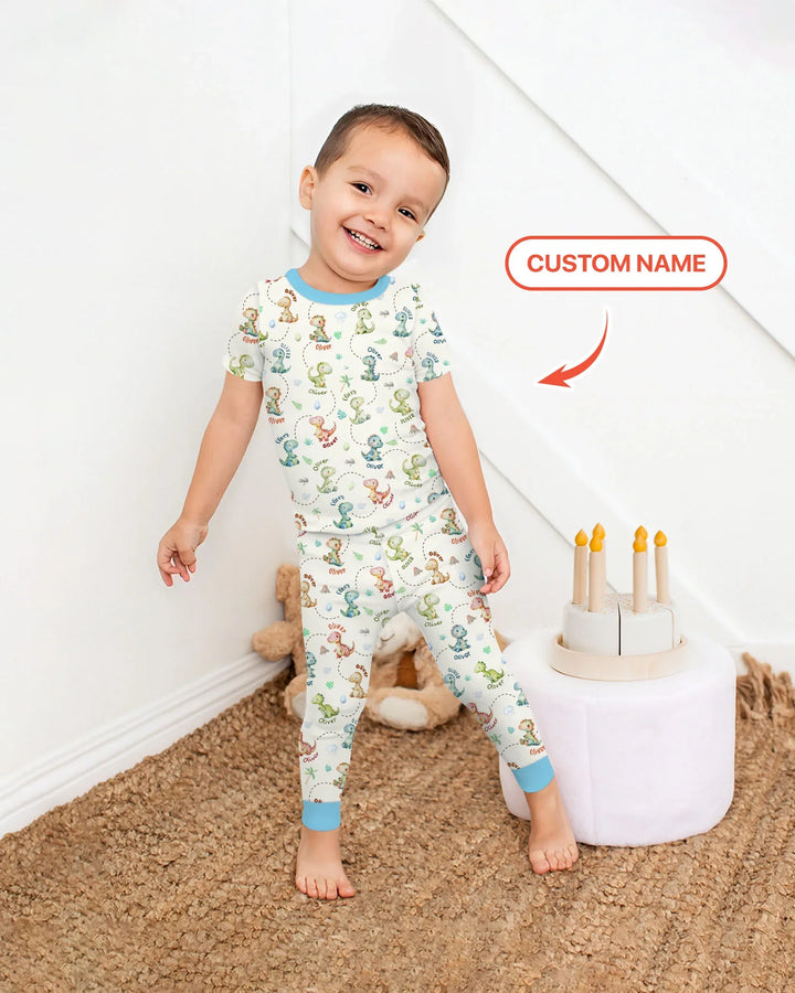 Personalized Dino Friends Bamboo Two Piece Short Sleeve Pajama Set