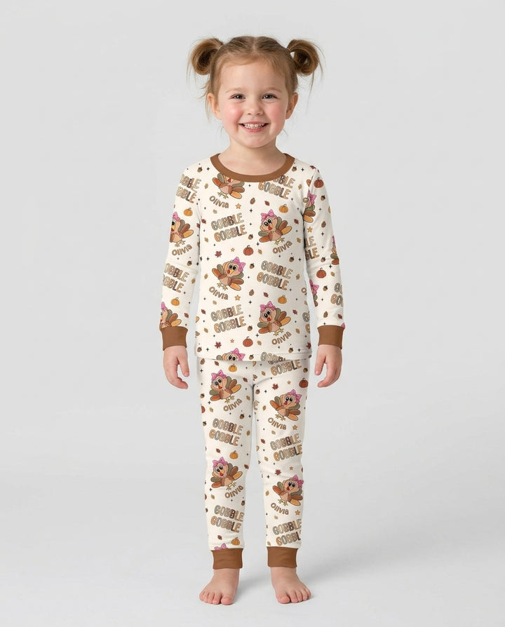 Custom Name Gobble Gobble Bamboo Two Piece Long Sleeve Pajama Set