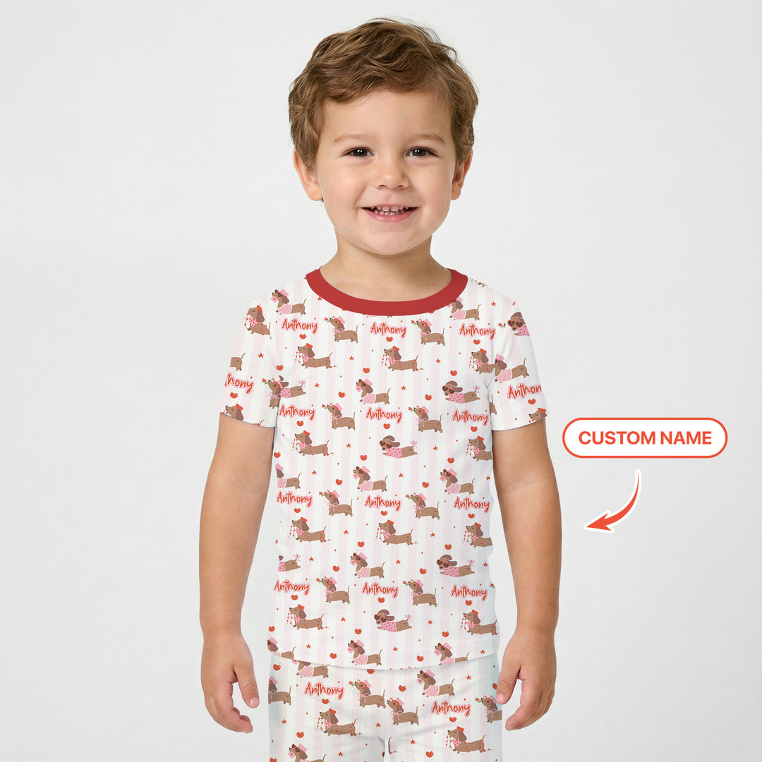 Custom Name Valentine Dachshund Family Matching Two Piece Short Sleeve Pajama Set