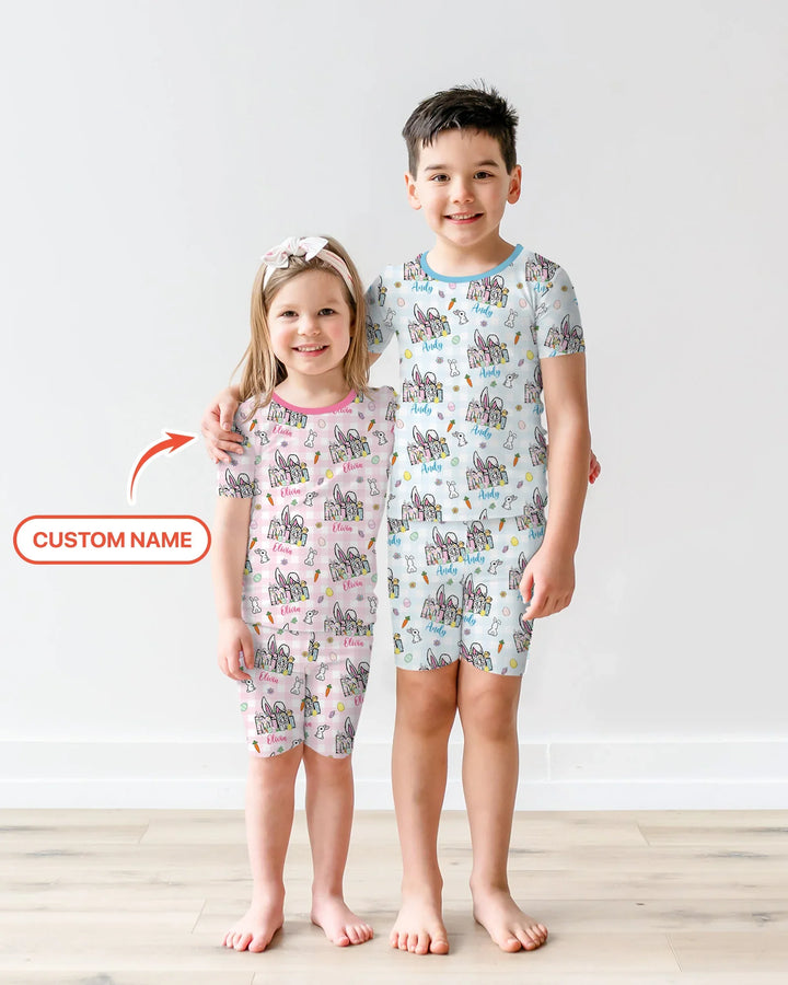 Custom Name Easter Family Matching Two Piece Short Sleeve Shorts Pajama Set