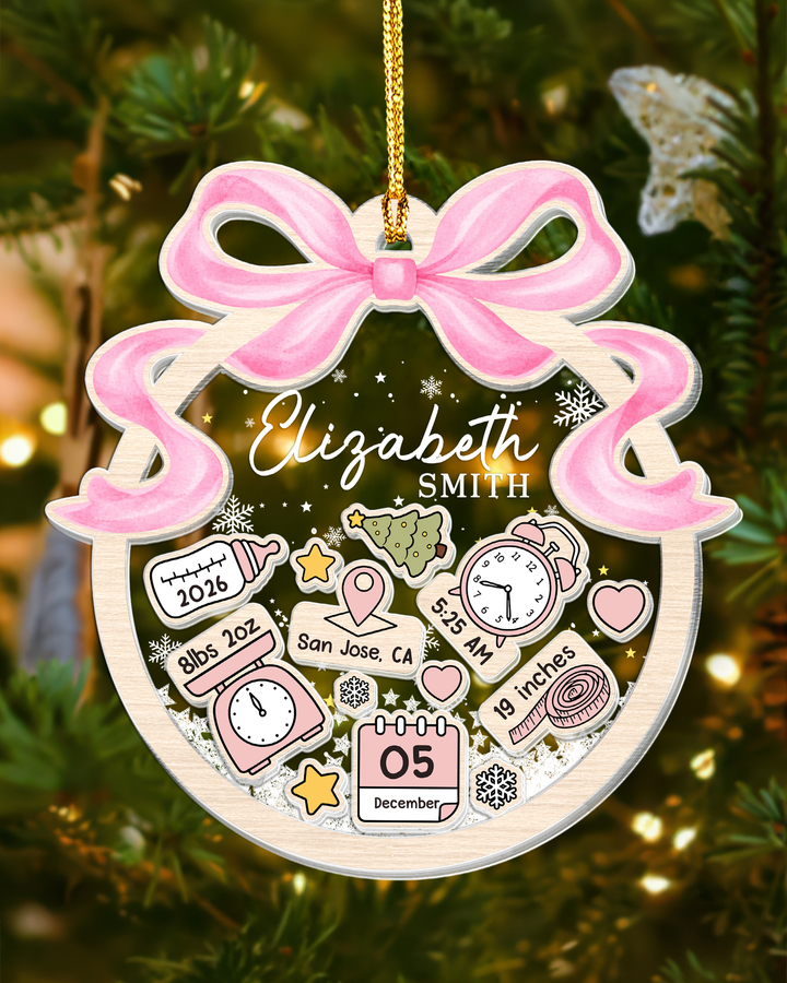 Personalized Baby's First Christmas Shaker Ornament-  Coquette Bow Newborn Keepsake