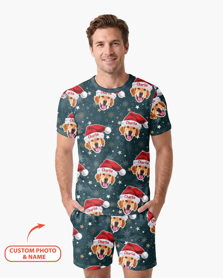 Custom Dog Photo Santa Claus Bamboo Men Short Sleeve Short Pajama Set