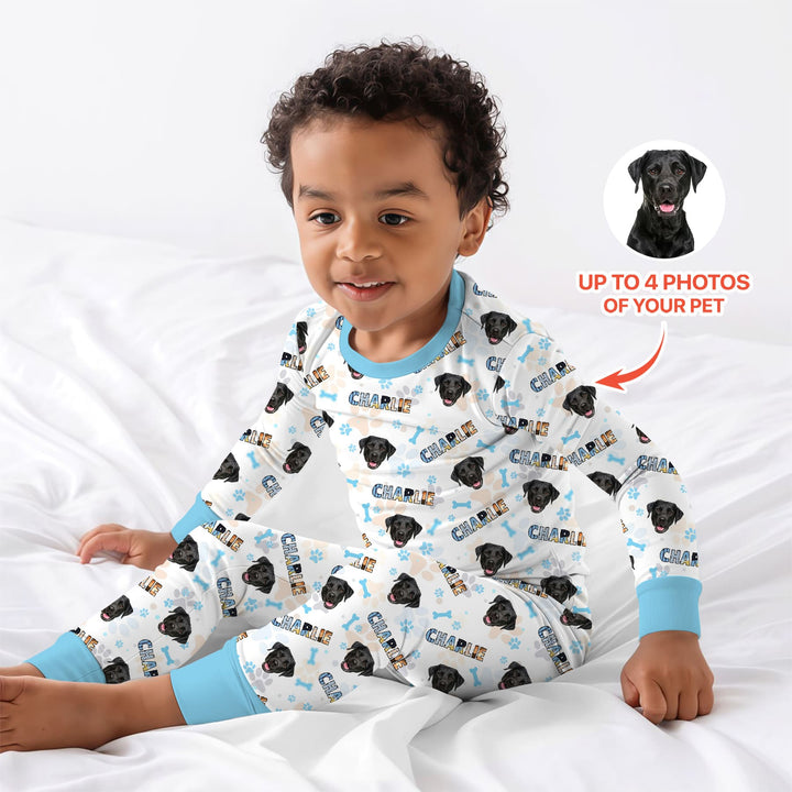 Custom Name Doodle Letters Blue Dog Two Piece Long Sleeve Pajama Set