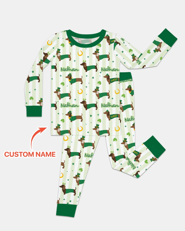 Lucky Dachshunds St. Patrick's Day Family Matching Two Piece Long Sleeve Pajama Set