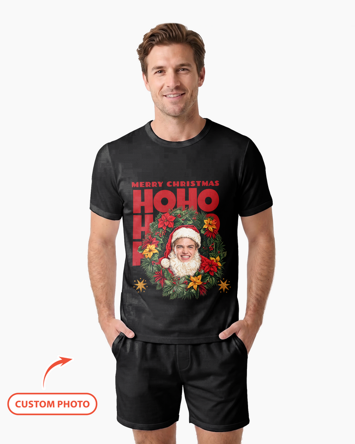 Personalized Photo Christmas Santa Bamboo Men Short Sleeve Short Pajama Set