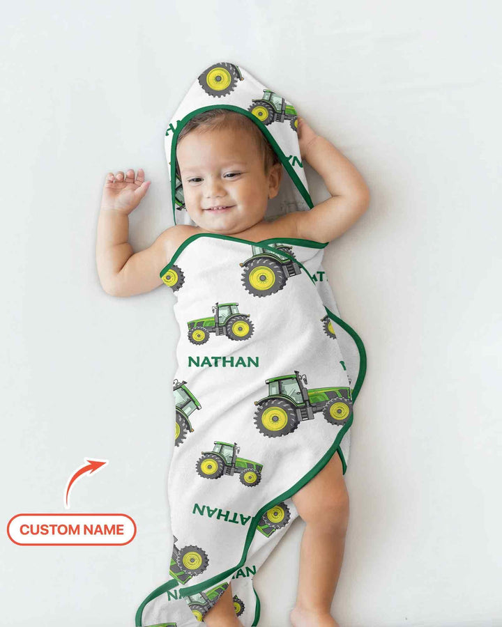 Custom Name Green Tractors Matching Daddy & Me Hooded Bamboo Towel Set