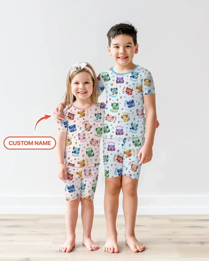 Custom Name Cute Hobby Axolotl Two Piece Short Sleeve Pajama Set