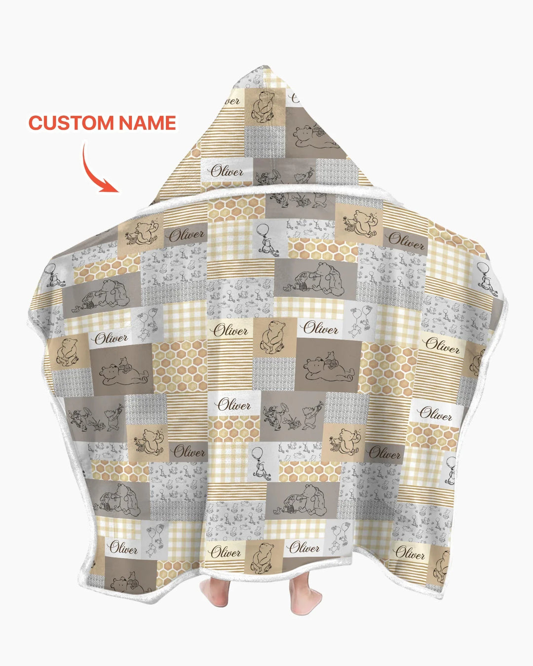Personalized Classic Bear Patchwork  Bamboo Wearable Hooded Blanket