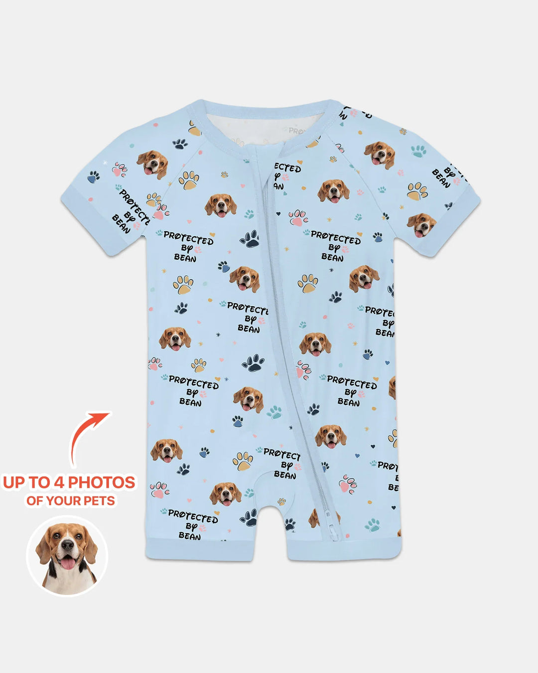Custom Dog Photo Pattern "Protected By" Shorty Zippered Romper