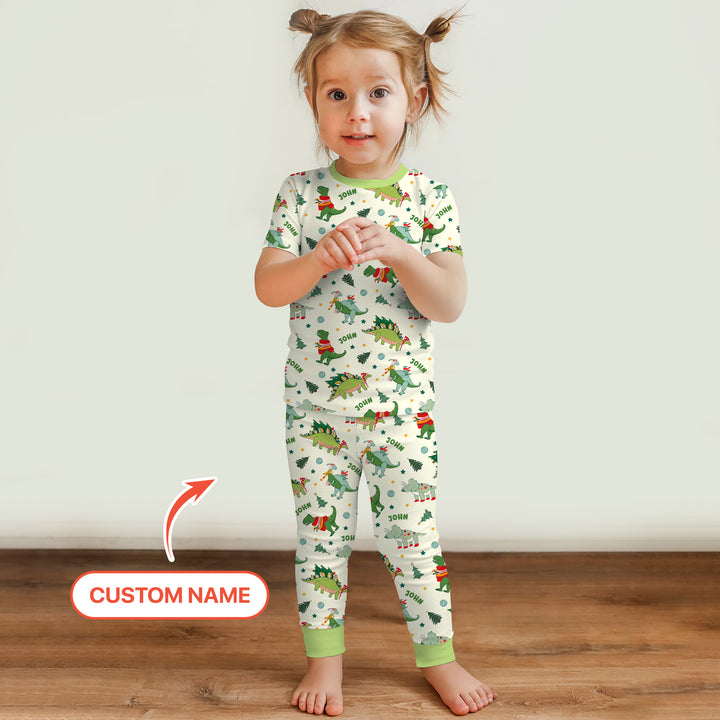 Custom Name Dinosaurs Christmas Tree Two Piece Short Sleeve Pajama Set