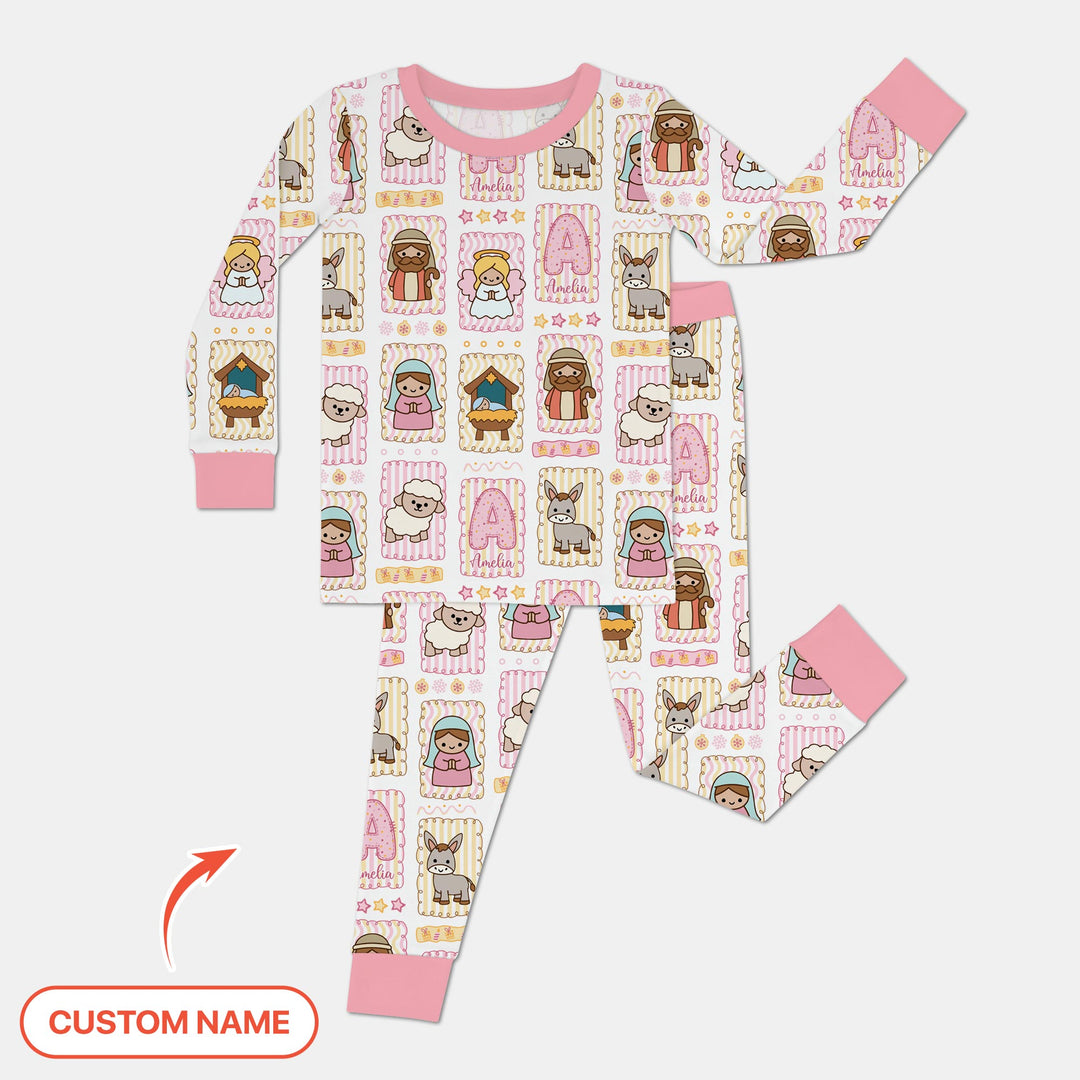 Custom Name Christmas Nativity Two Piece Long Sleeve Pajama Set