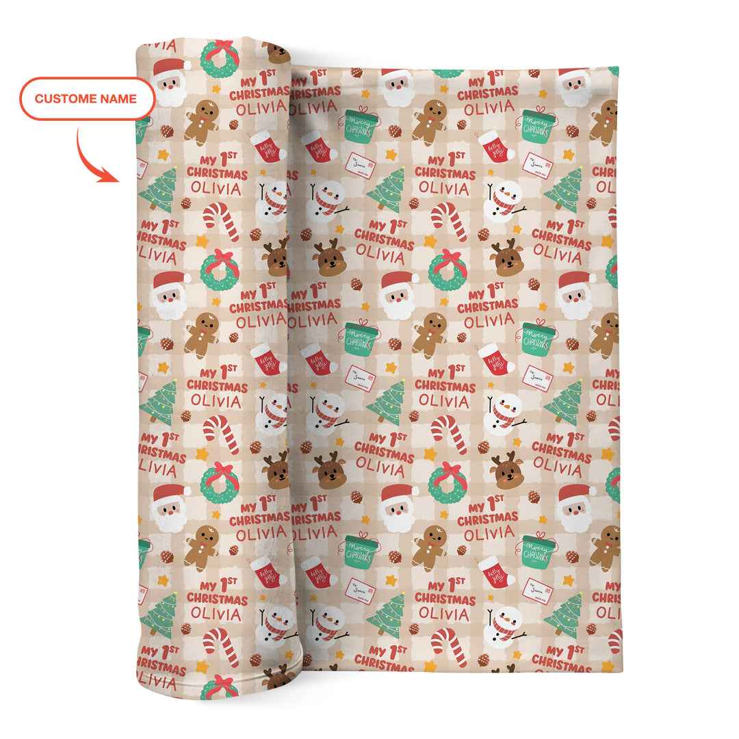 Custom Name My First Christmas Mocha Gingham Swaddle Blanket