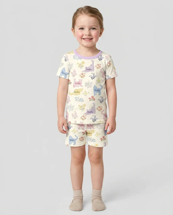 Gingham Cats Custom Name Bamboo Two Piece Short Sleeve Shorts Pajama Set