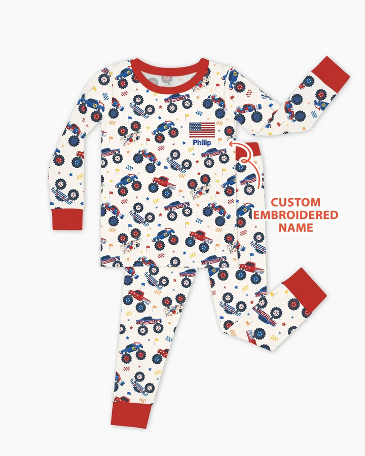 Custom Name Embroidered Red White & Truck Bamboo Two Piece Long Sleeve Pajama Set
