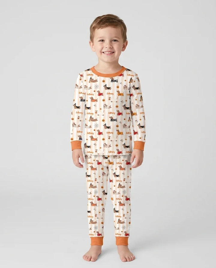 Custom Name Boo Crew Halloween Dachshund  Bamboo Two Piece Long Sleeve Pajama Set