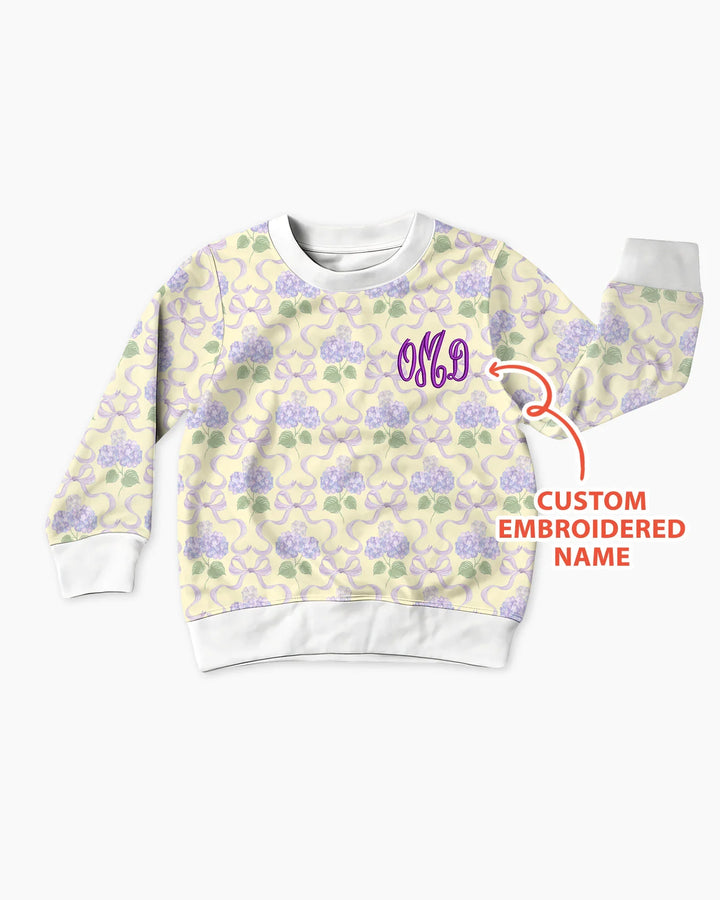 Personalisierbares Sweatshirt mit bestickter Hortensie „Welcome Home“ aus Bambus