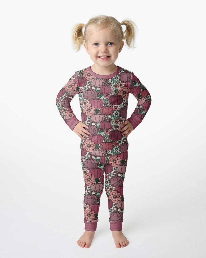 Retro Floral Pumpkin Patch Bamboo Two Piece Long Sleeve Pajama Set