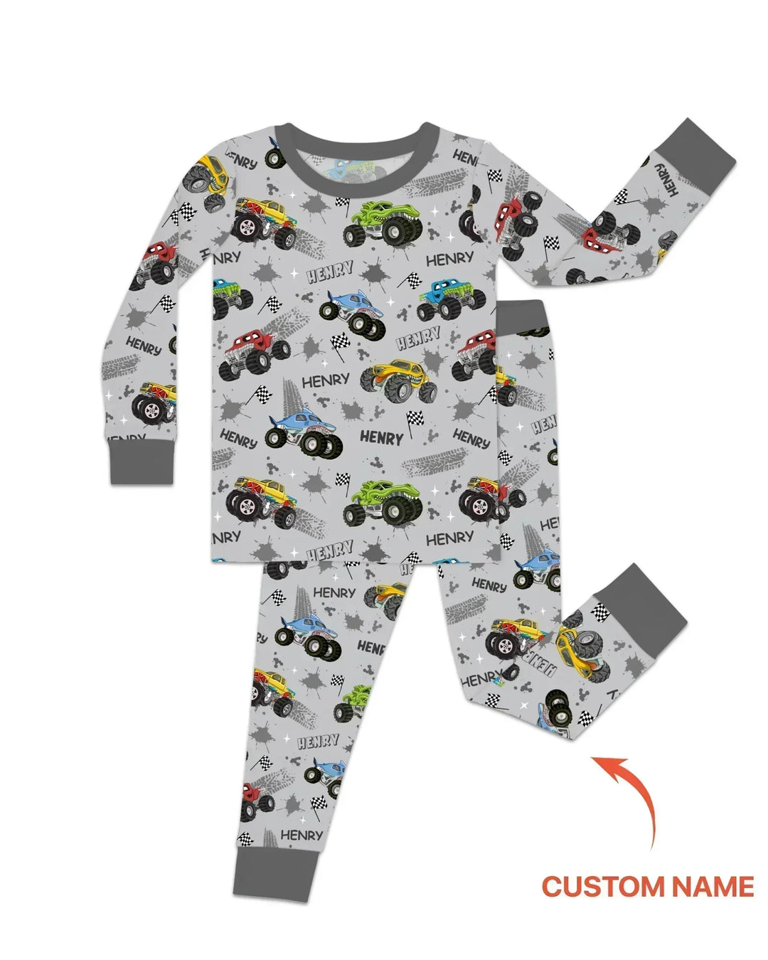 Monster Truck Dirt Jam Custom Name Daddy & Me Matching Two Piece Long Sleeve Pajama Set