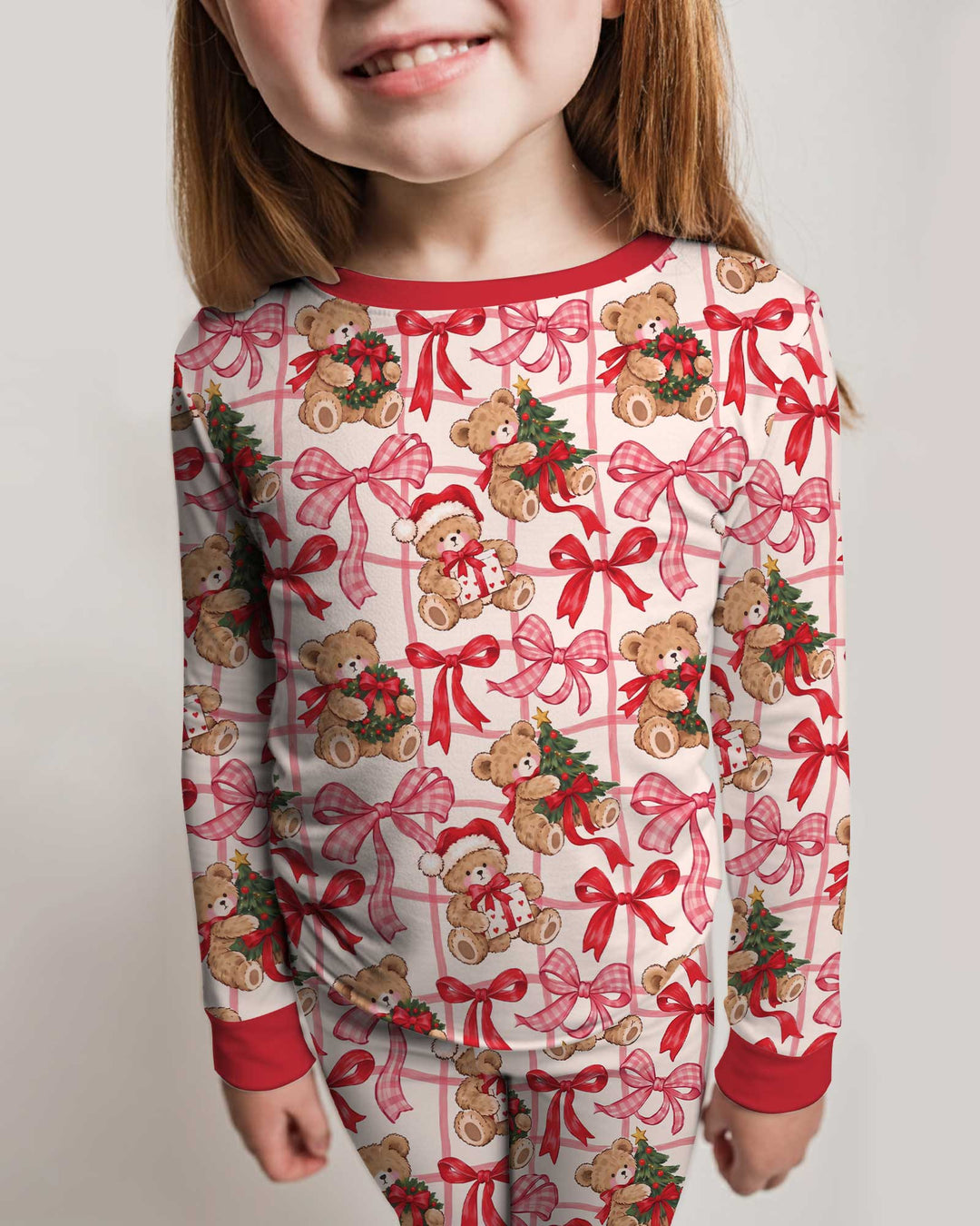 Pink Christmas Teddy Bear Plaid Mommy & Me Matching Bamboo Two Piece Long Sleeve Pajama Set