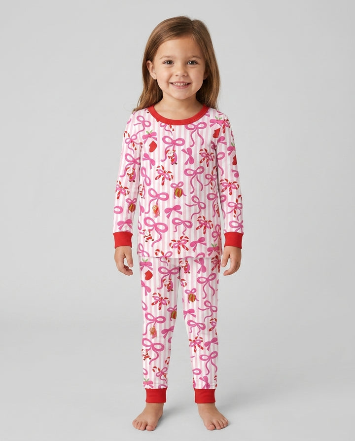 Pink Bow Christmas Magic Bamboo Two Piece Long Sleeve Pajama Set