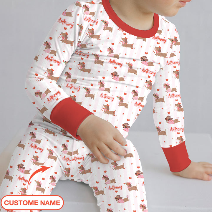 Custom Name Valentine Dachshund Family Matching Two Piece Long Sleeve Pajama Set