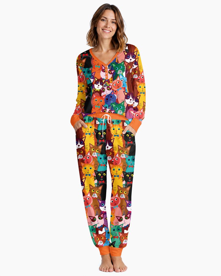 Colorful Cat Pattern Bamboo Women Pajama Set